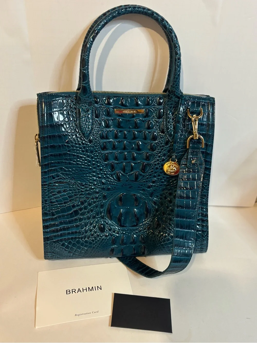 NWOT Brahmin Caroline-Juniper Melbourne Teal Croc-Embossed Top-Handle Tote